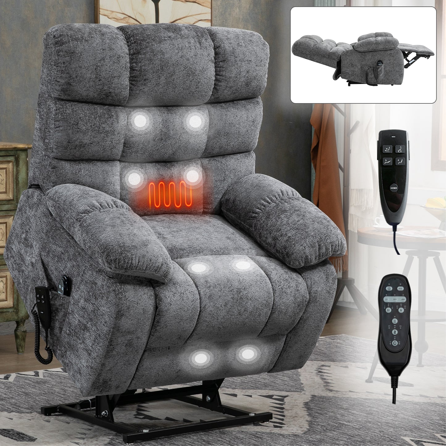 Large Grey Power Lift Recliner with Heat, Massage, Dual Motors, and Remote, 350 lbs Capacity