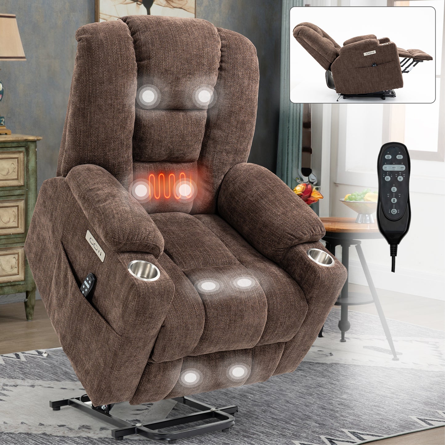 Large Brown Power Lift Recliner with Massage, Heat, USB/C Ports, and Cup Holders.