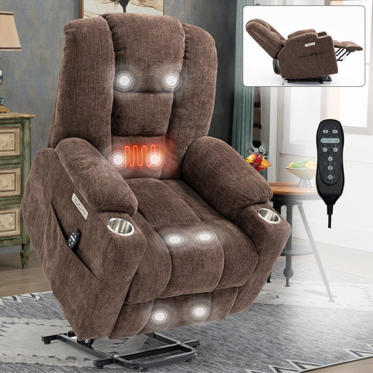 Large Brown Power Lift Recliner with Massage, Heat, USB/C Ports, and Cup Holders.