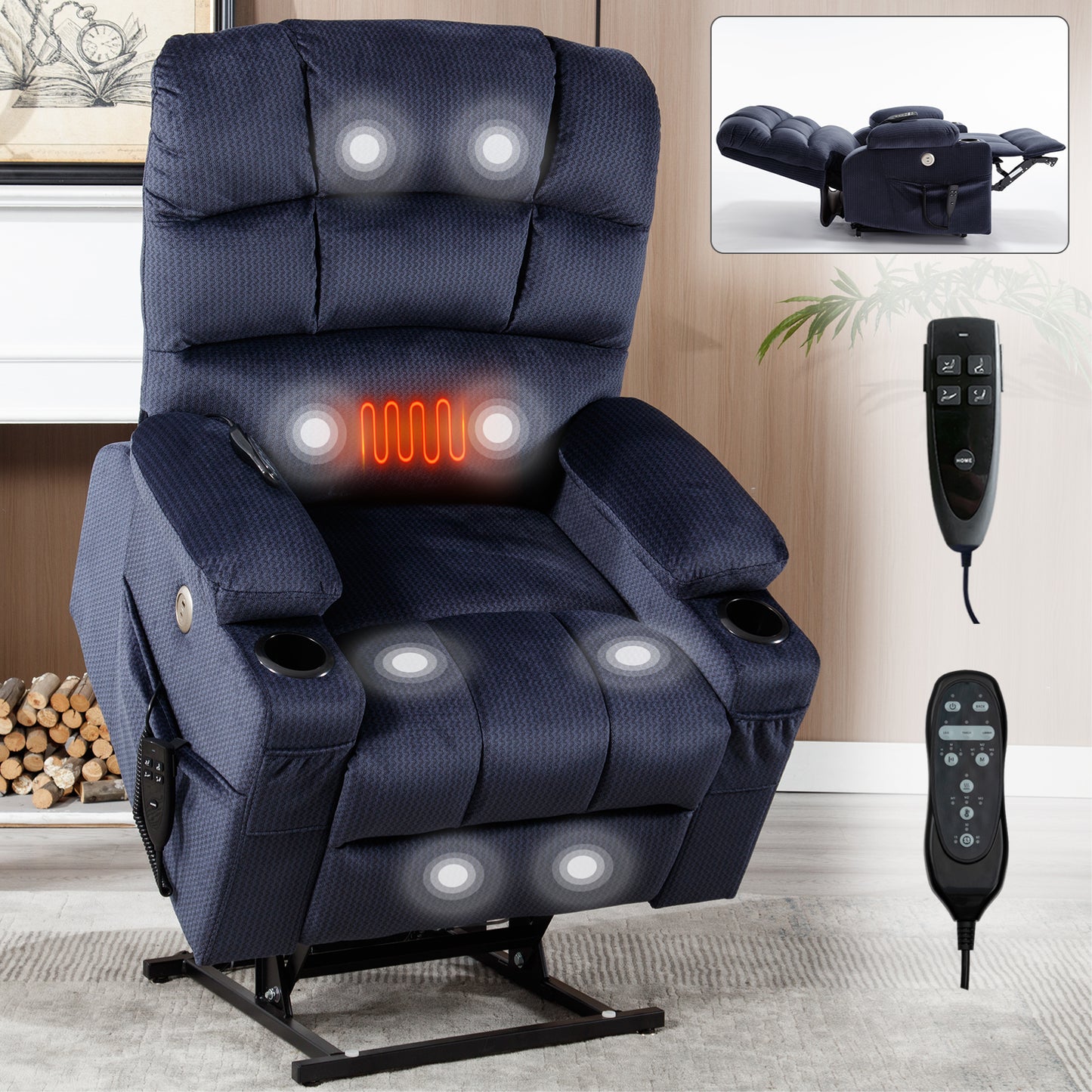 Blue Dual Motor Power Lift Recliner  infinite positions, dual cup holders.