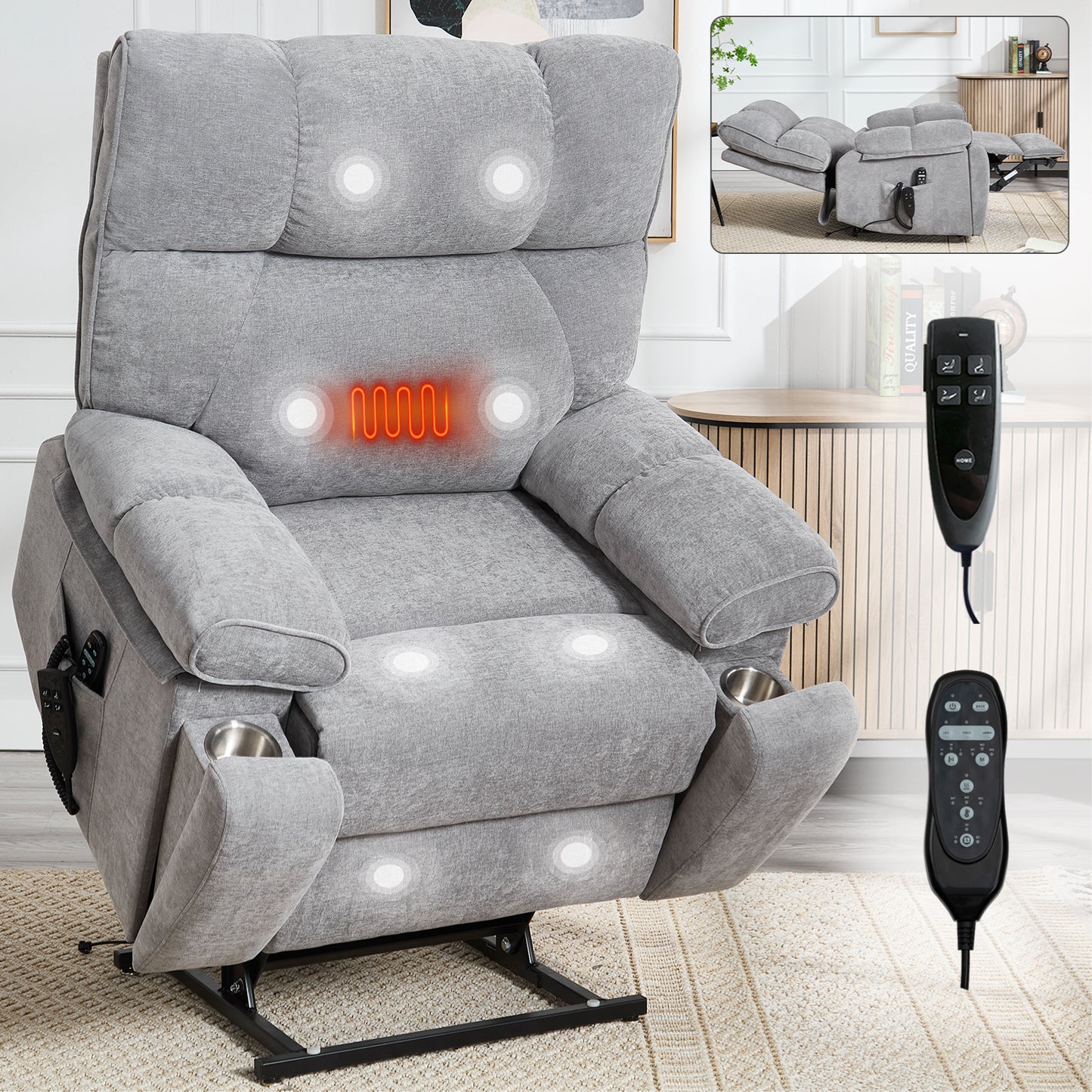 Large Grey Power Lift Recliner for Seniors – Comfort & Support (with hidden cupholders) Dual Motor
